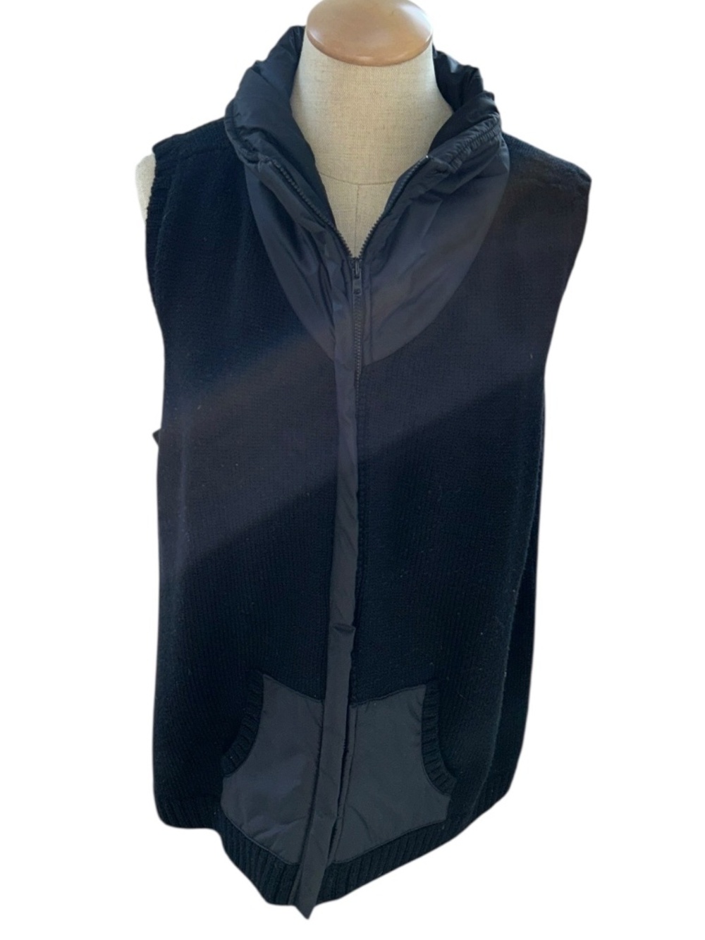 Eileen Fisher black shawl roll neck zip up sweater jacket vest XL